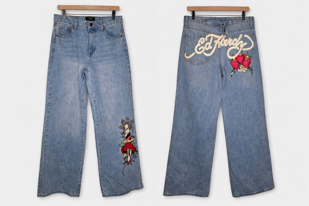 Ed Hardy Dagger Heart Graphic Baggy Wide Leg Jeans Blue Womens Size 30